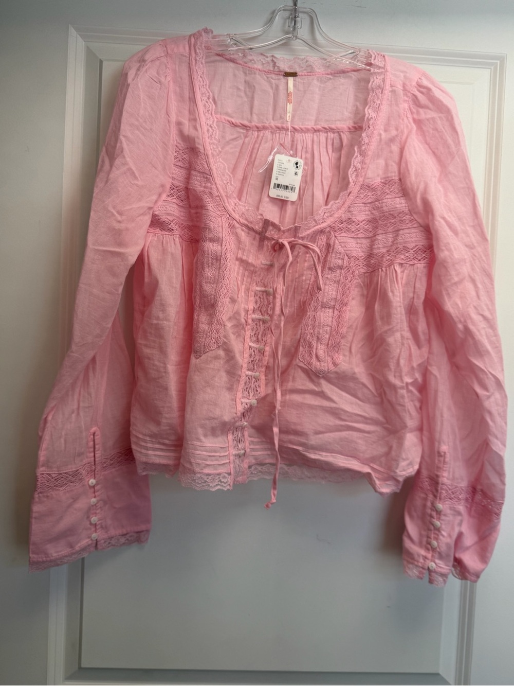 Free People forevermore long sleeve Rose Pink Lace-Trim Peasant Blouse